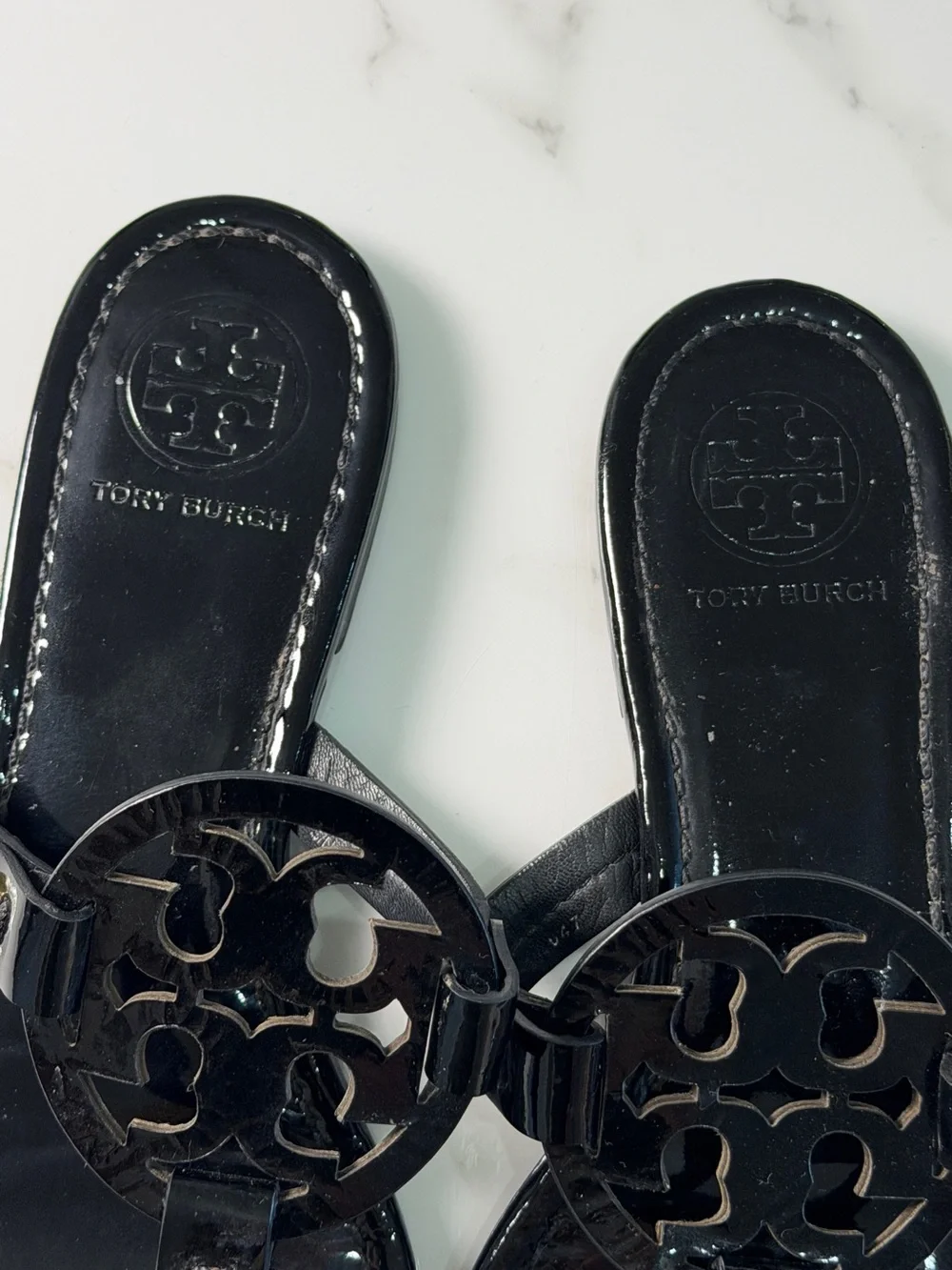 Tory Burch Miller Black Patent Leather Logo Sandals Women's Size 7